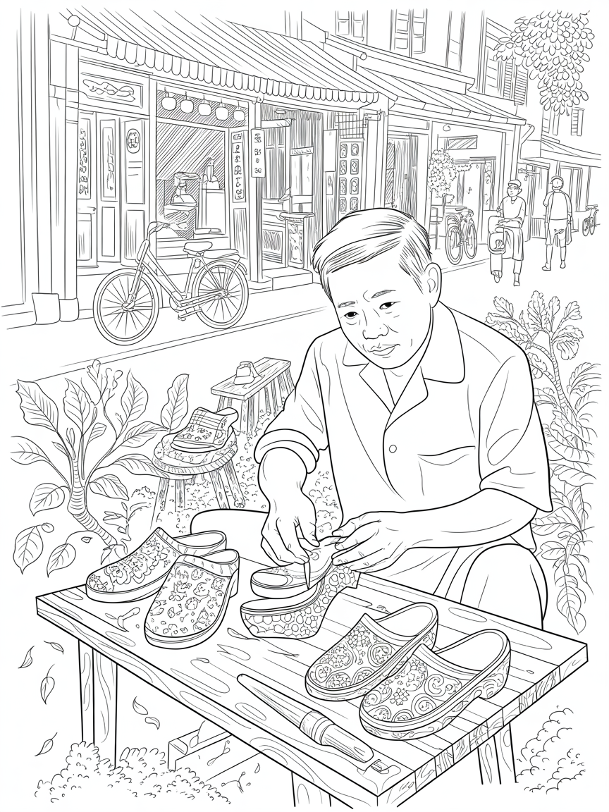 Chinese Clog maker at work outside shop in 1960s Singapore - Free Coloring Page