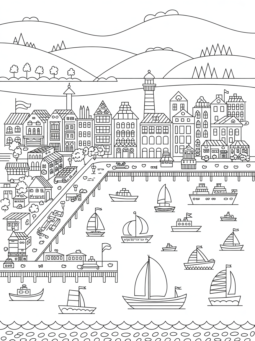 A city with an harbour and lots of ships and sailing boats - Free Coloring Page
