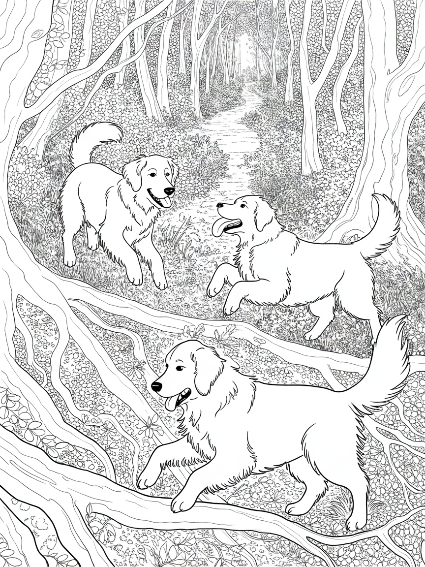 Golden Retrievers playing in woods - Free Coloring Page