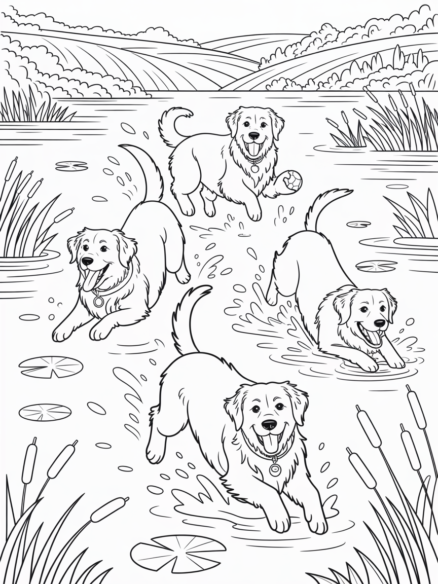 Golden Retrievers playing in lake - Free Coloring Page