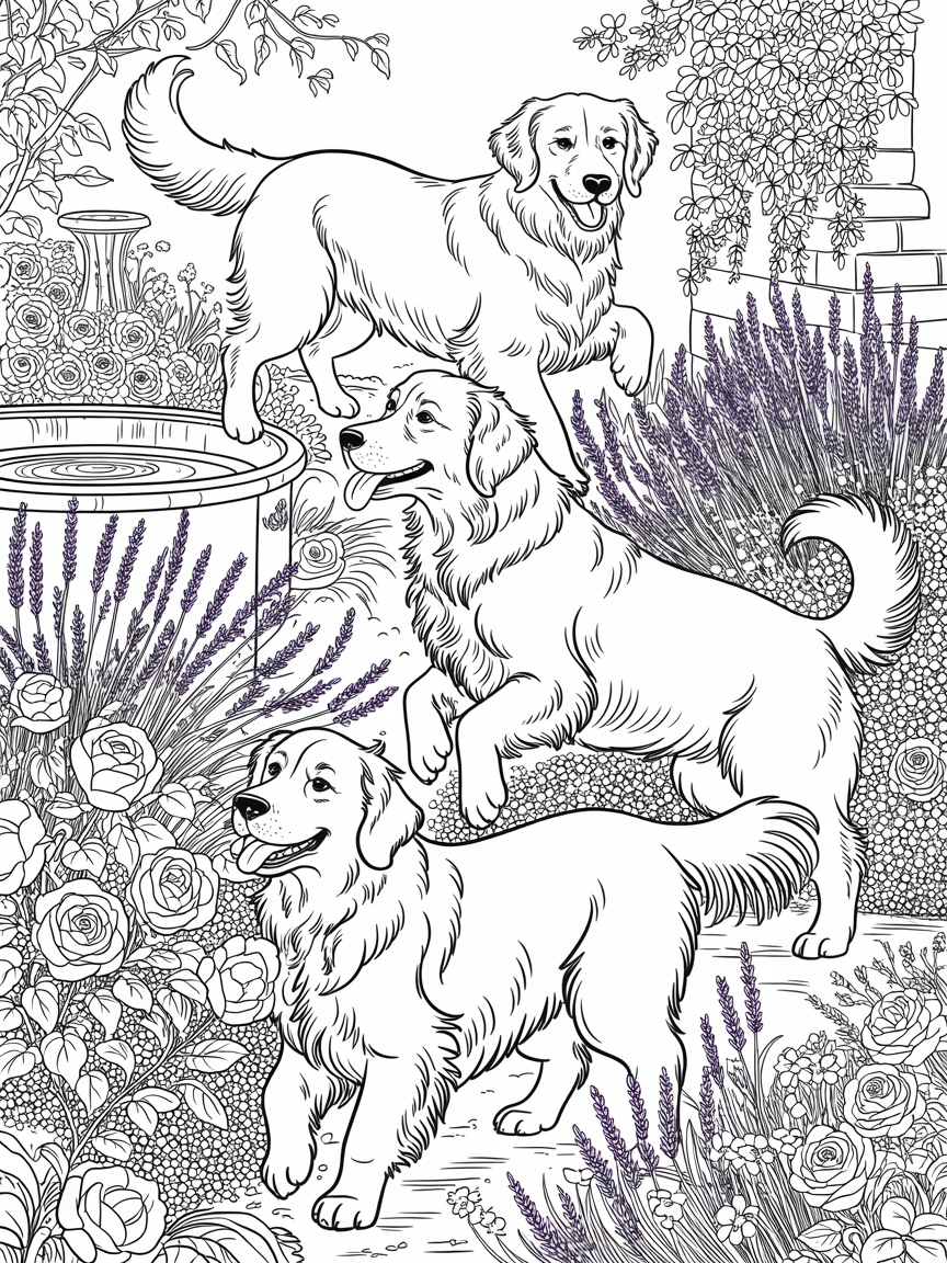 Golden Retrievers playing in English country garden - Free Coloring Page