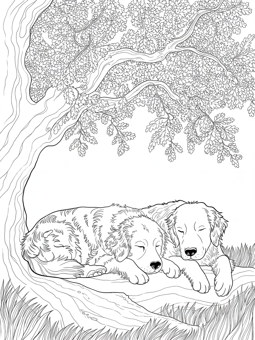 Golden Retrievers sleeping under oak tree - Free Coloring Page