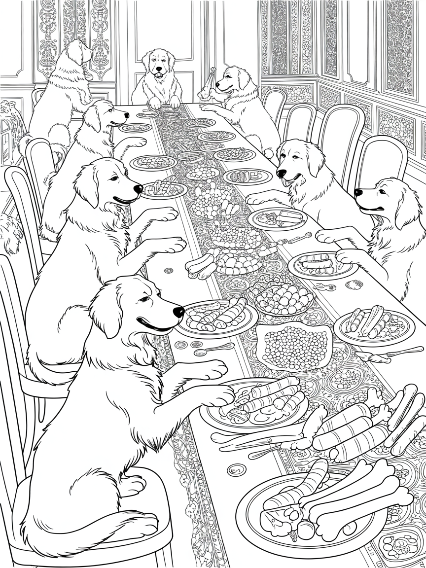 Golden Retrievers feast - Free Coloring Page
