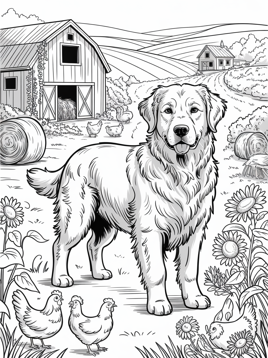 Golden Retriever on a farm - Free Coloring Page
