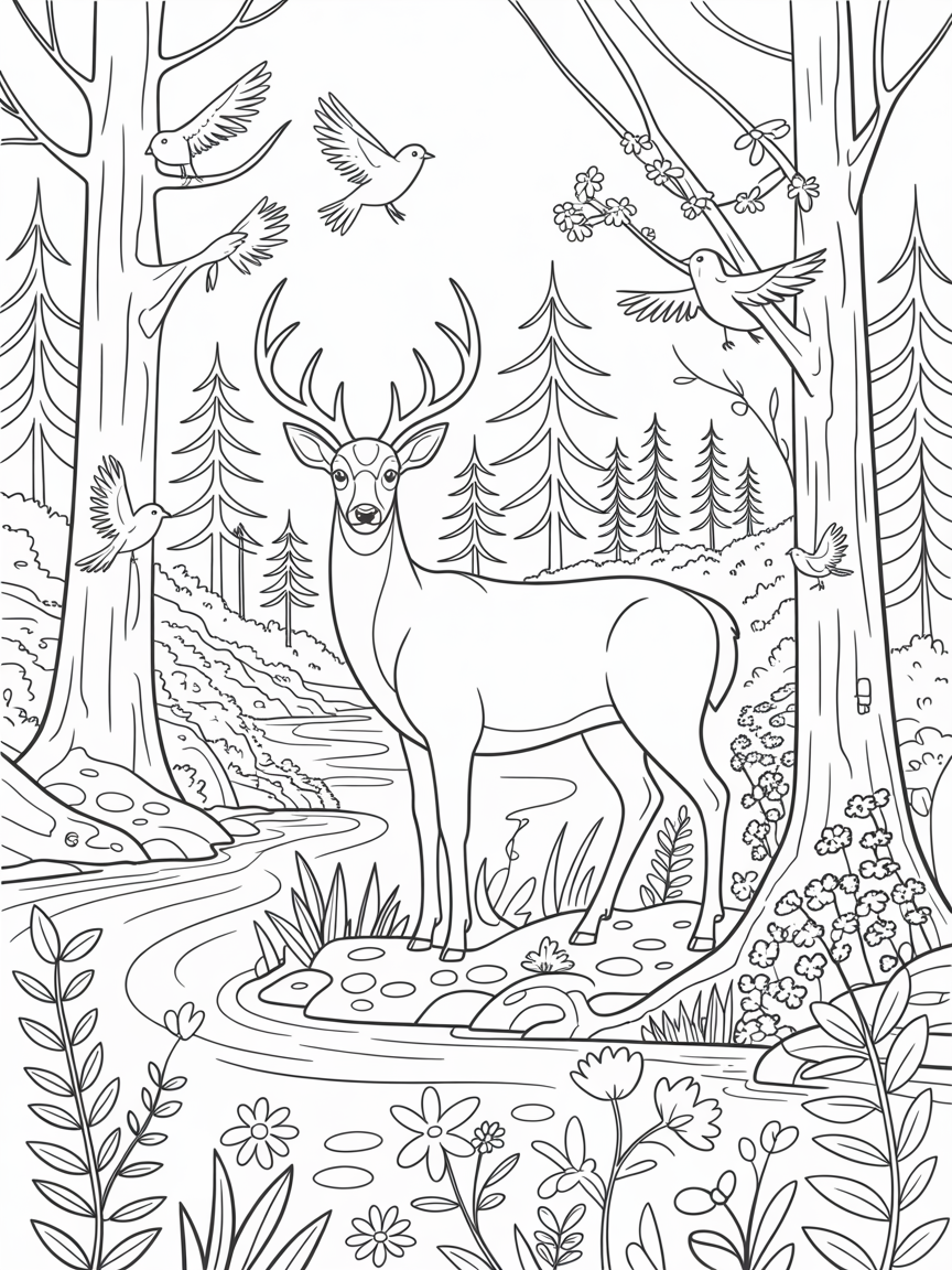Deer in the forest surrounded by trees ,river,birds,small flowering plants pebbles - Free Coloring Page