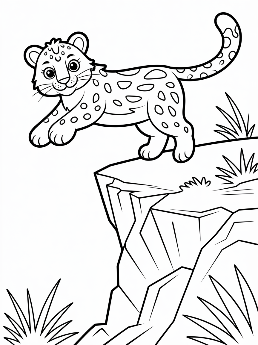 Snow leopard jumping on a cliff - Free Coloring Page