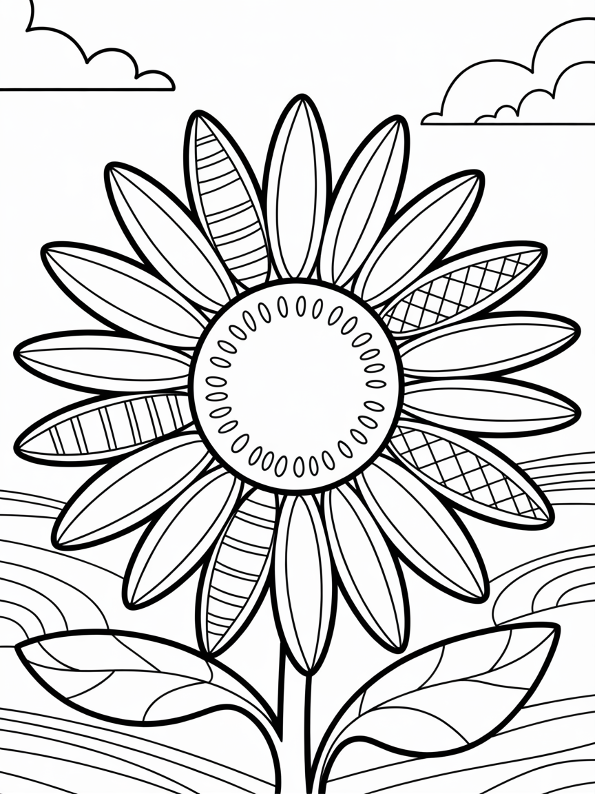 A large flower, with each of it's petals filled up with a different design. - Free Coloring Page