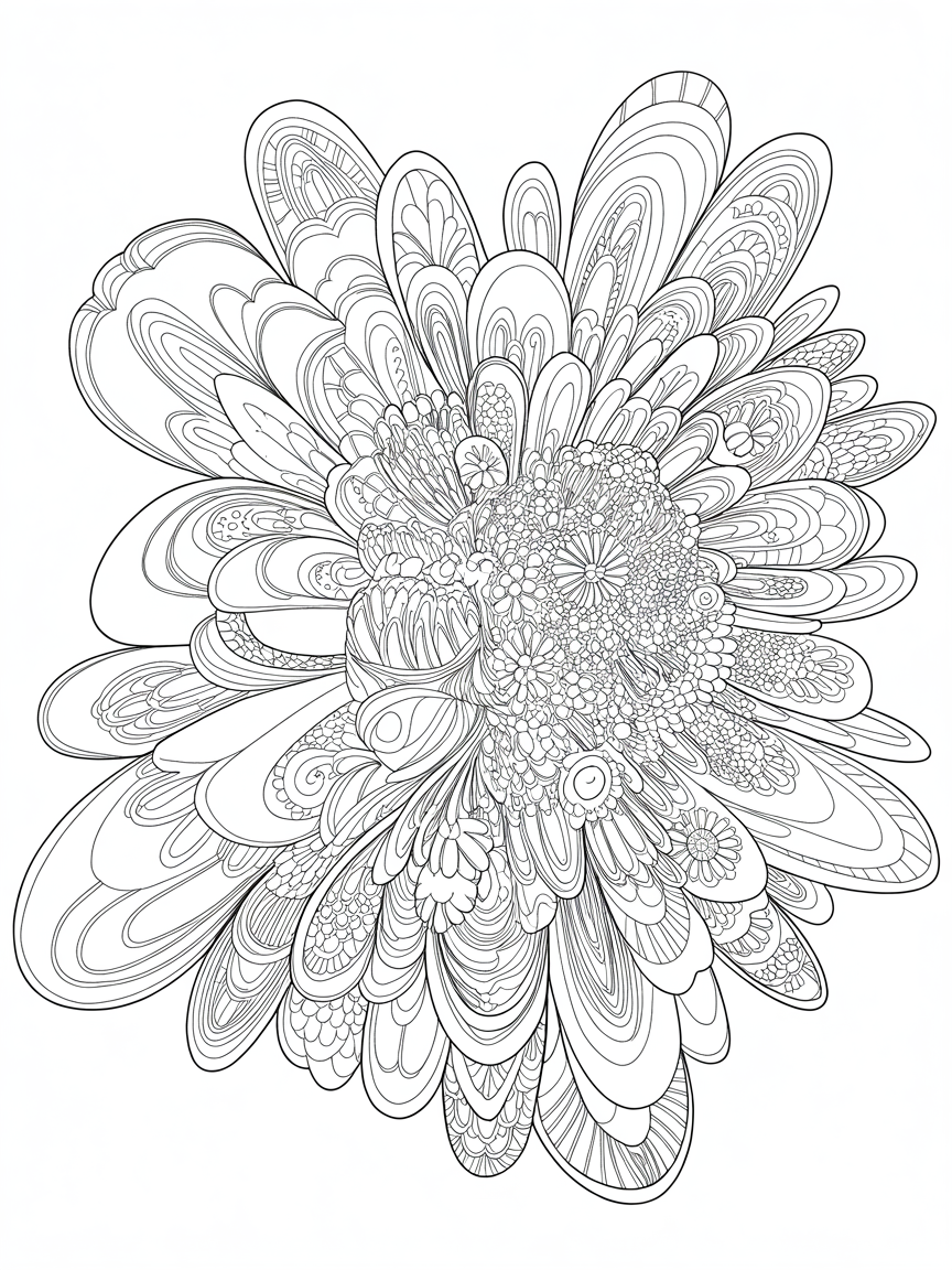 A large flower with each petal showing a different design filling up the space. - Free Coloring Page