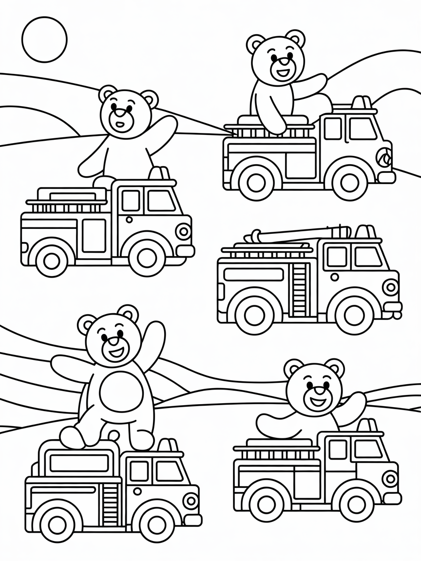 Fire trucks with bears - Free Coloring Page