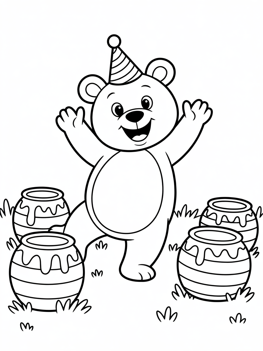 Bear dancing around honey pots - Free Coloring Page