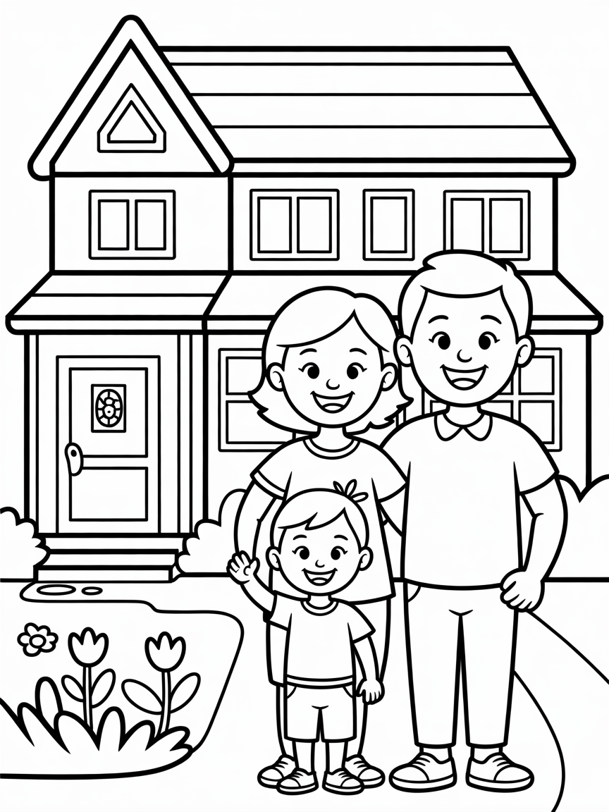 A mum, dad and three year old standing in front of a semi-detached house looking happy - Free Coloring Page