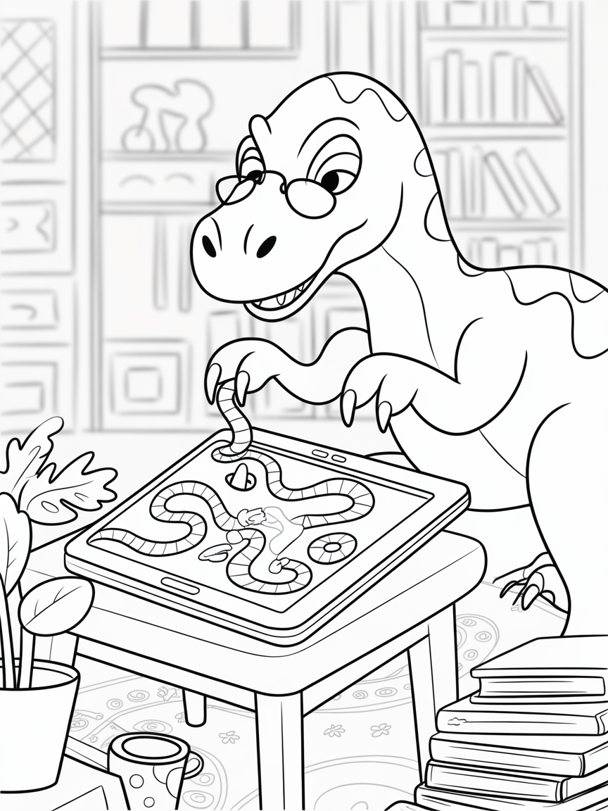 dino playing snake and ladder game in an ipad - Free Coloring Page