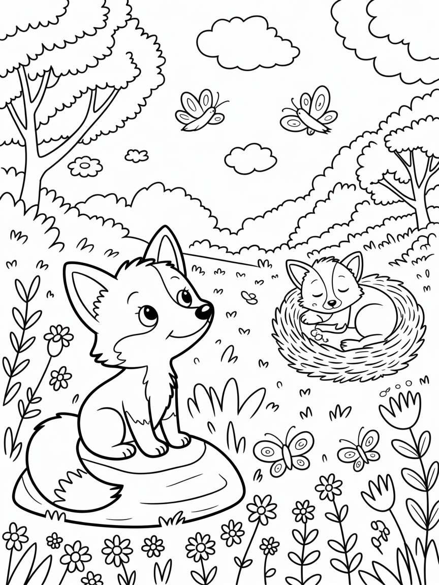 One morning in a green meadow full of flowers, many animals were waking up, and a little fox was sitting next to a rock and looking at the sky, and on the other side, his mother and father were sleeping in the nest, and the sky was full of beautiful clouds and birds. Ziba was flying and a breeze was moving through the trees and leaves And beautiful flowers were growing in the meadow and butterflies were flying over the flowers - Free Coloring Page