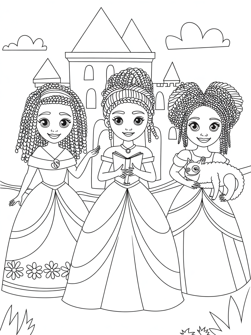 Mixed race Princesses with different 4c hairstyles - Free Coloring Page