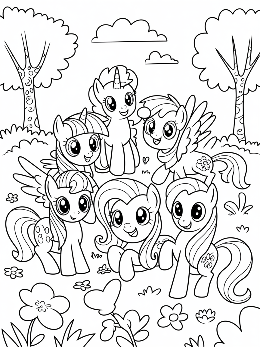 My little pony 6 friends - Free Coloring Page