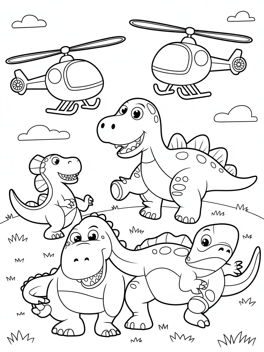 Dinosaurs and helicopters - Free Coloring Page