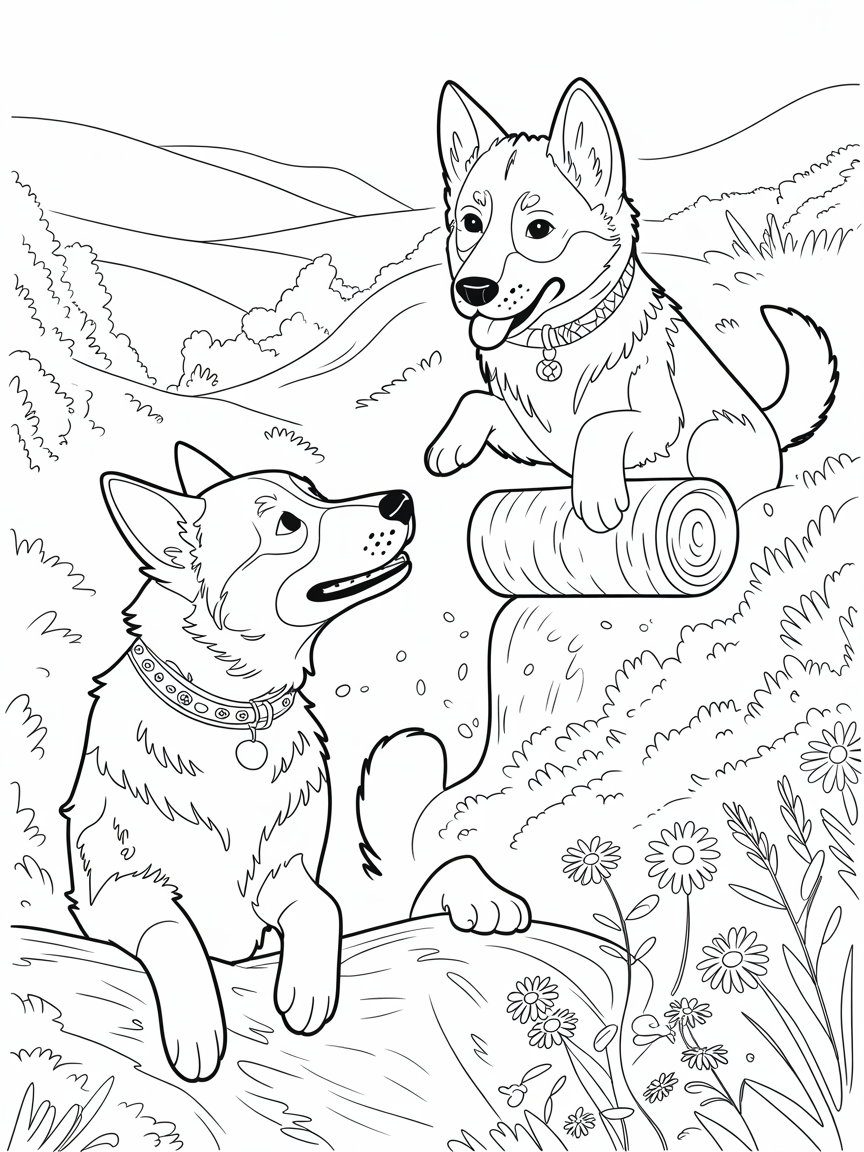 Two alsatian dogs playing - Free Coloring Page