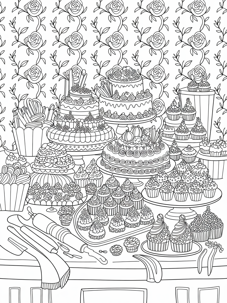 Cakes and other sweet dishes - Free Coloring Page