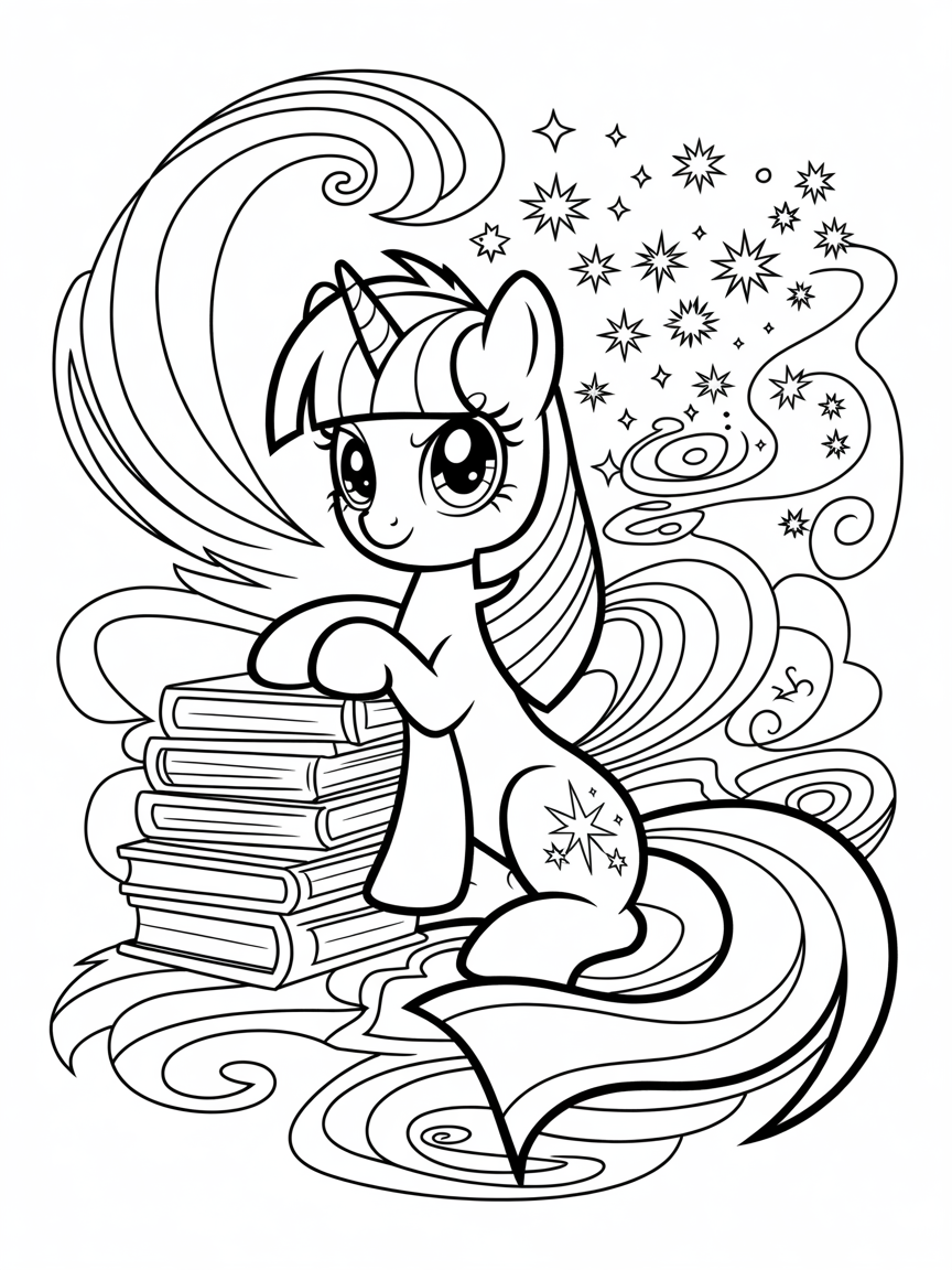 My little pony: Twilight sparkle and some sparkly details surrounding her and her cutie mark at the right bottom corner… - Free Coloring Page