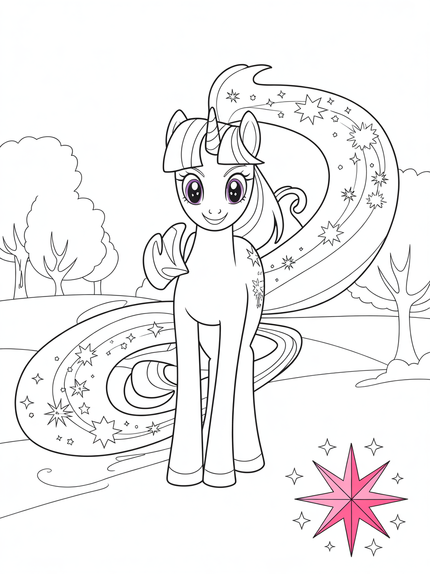 My little pony: Twilight sparkle equestrian girls and some sparkly details surrounding her and her cutie mark at the right bottom corner… - Free Coloring Page