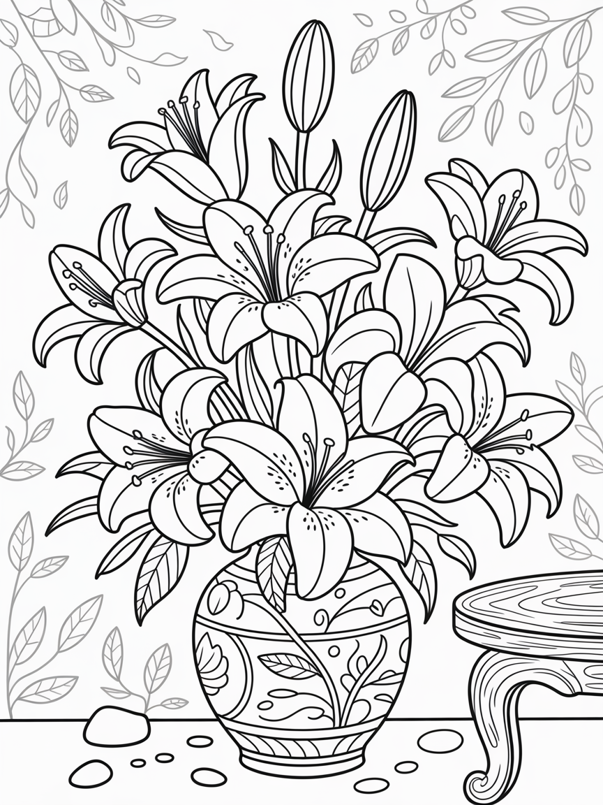 Lilies flowers in unique vase - Free Coloring Page