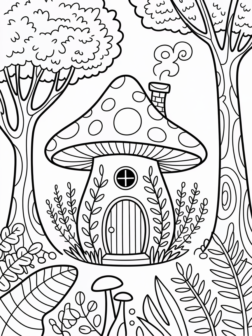 Toadstool house - Free Coloring Page