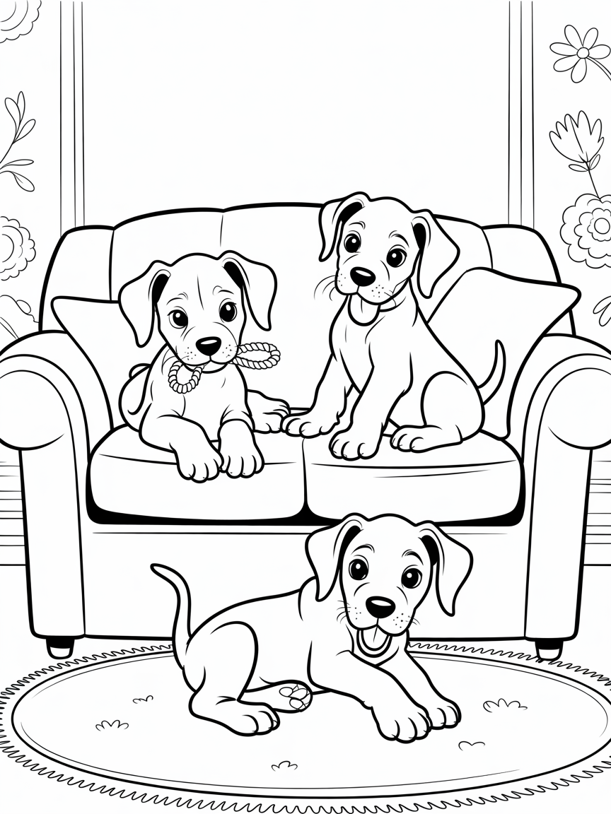 Great Dane puppies playing on a sofa - Free Coloring Page