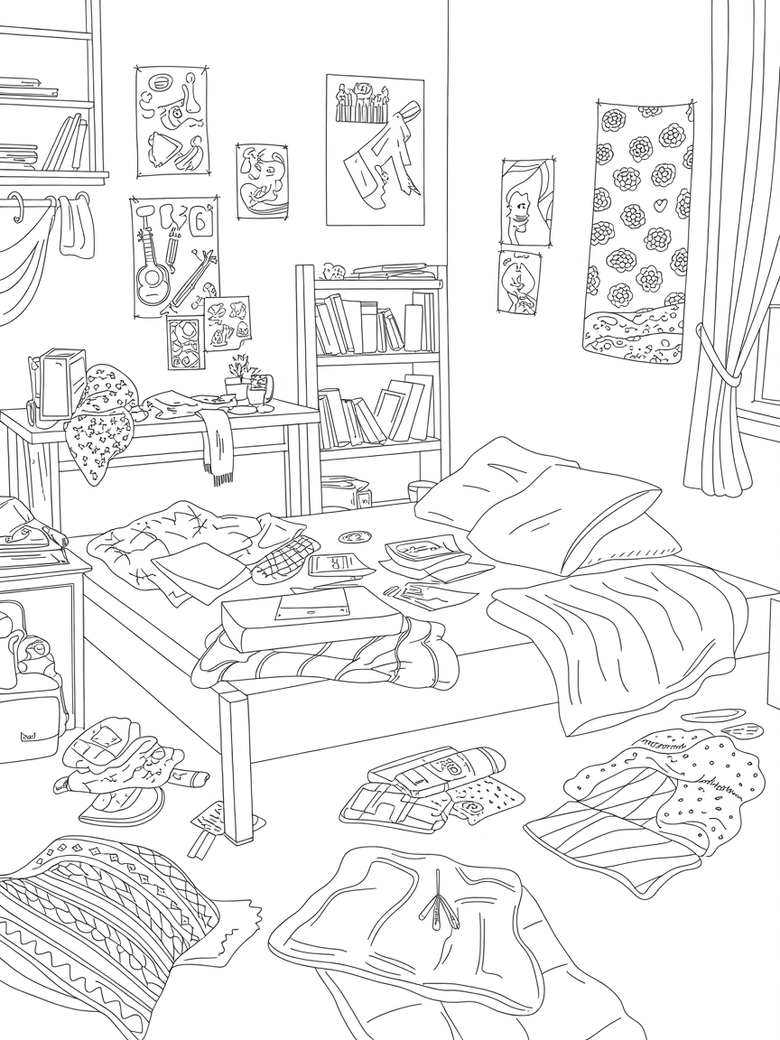 An untidy bedroom - Free Coloring Page