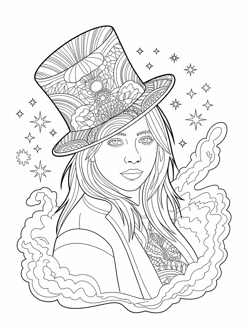 Billie Eilish wearing a top hat. - Free Coloring Page