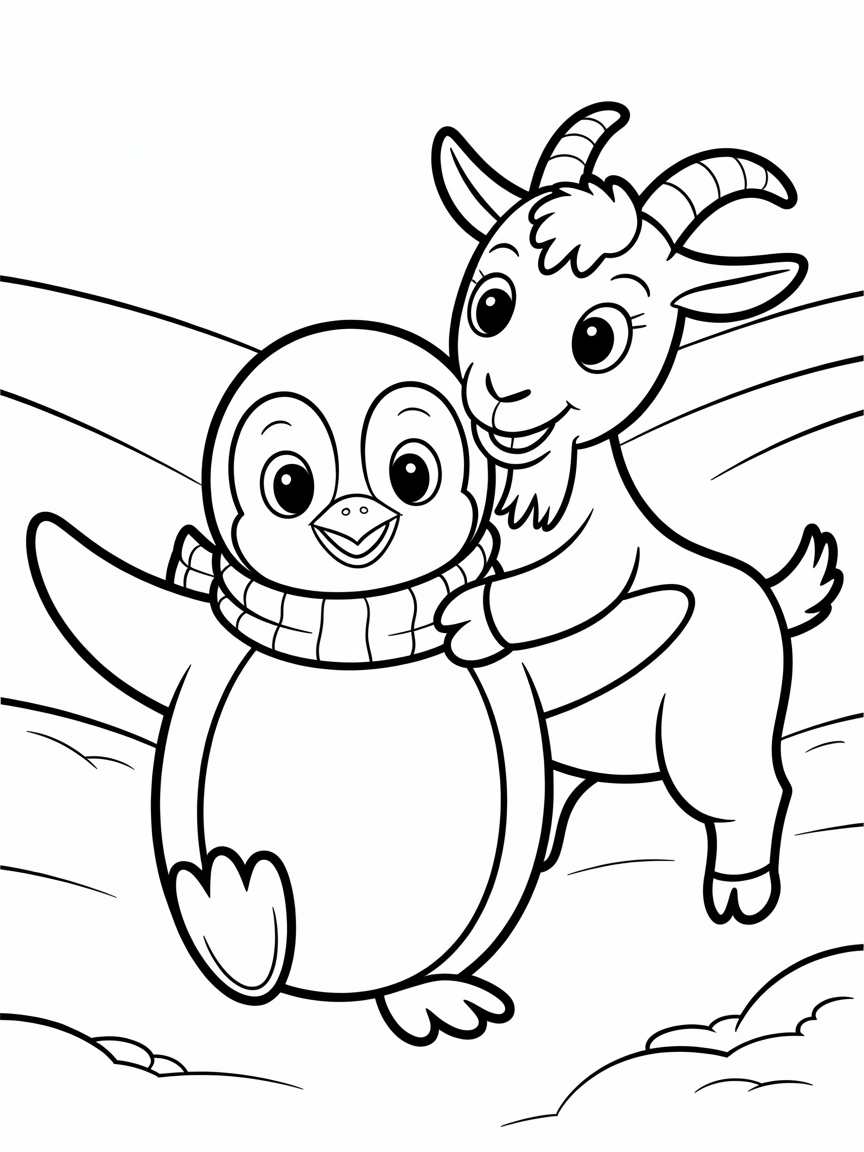 Penguin playing in snow with goat - Free Coloring Page