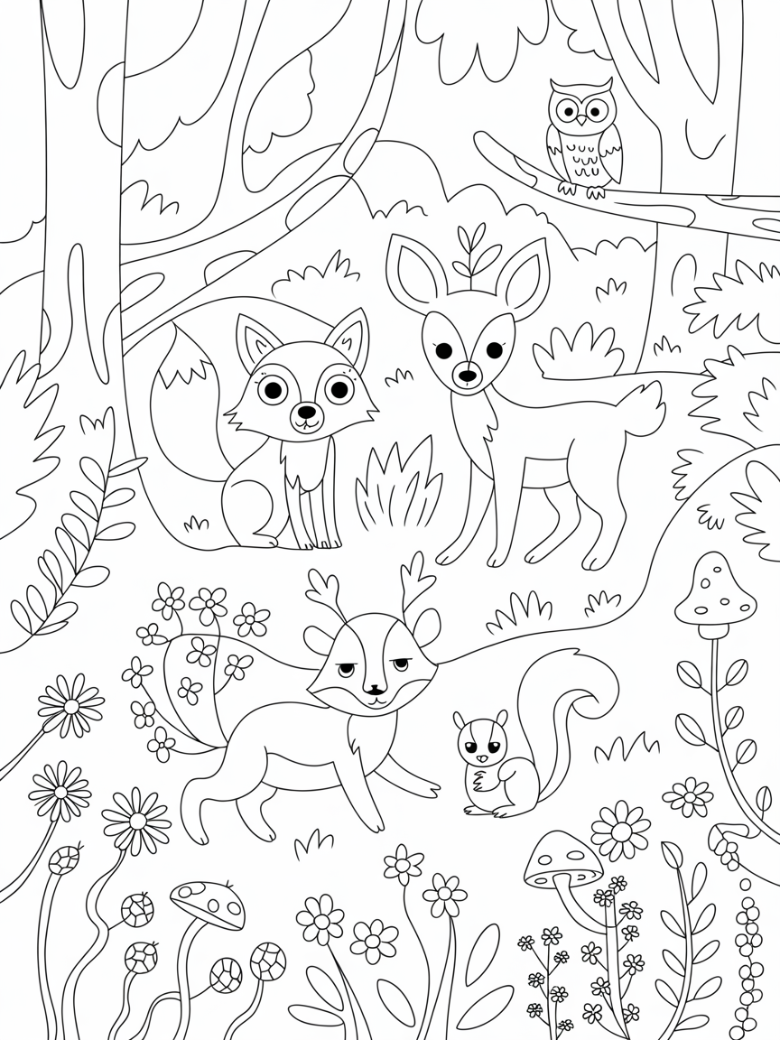Woodland creatutes in a lush forst. - Free Coloring Page