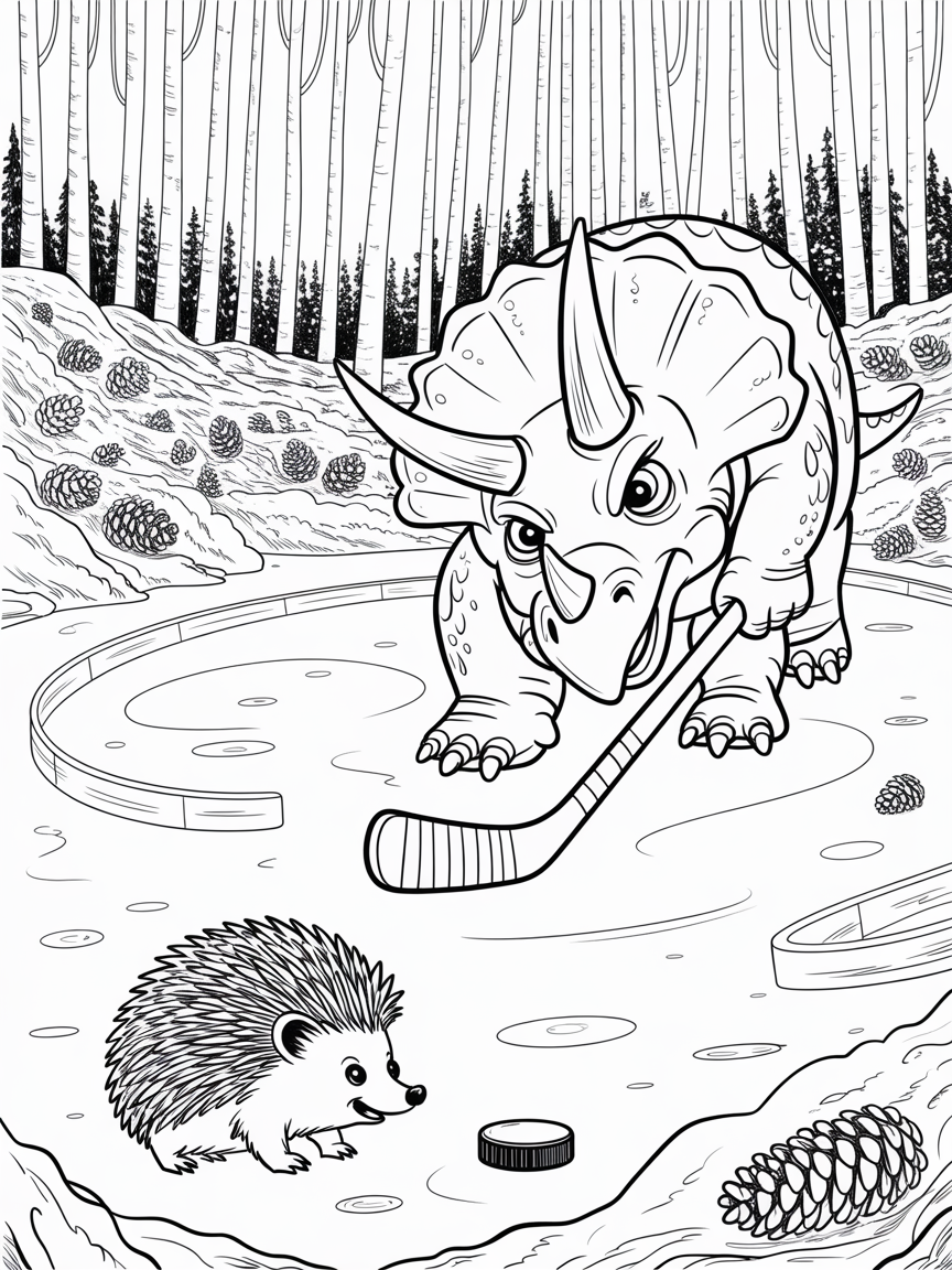 A triceratops playing hockey with a hedgehog - Free Coloring Page