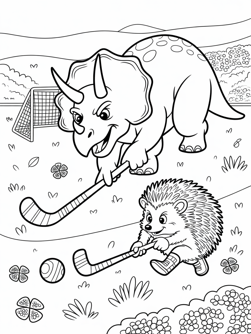A triceratops playing field hockey with a hedgehog - Free Coloring Page