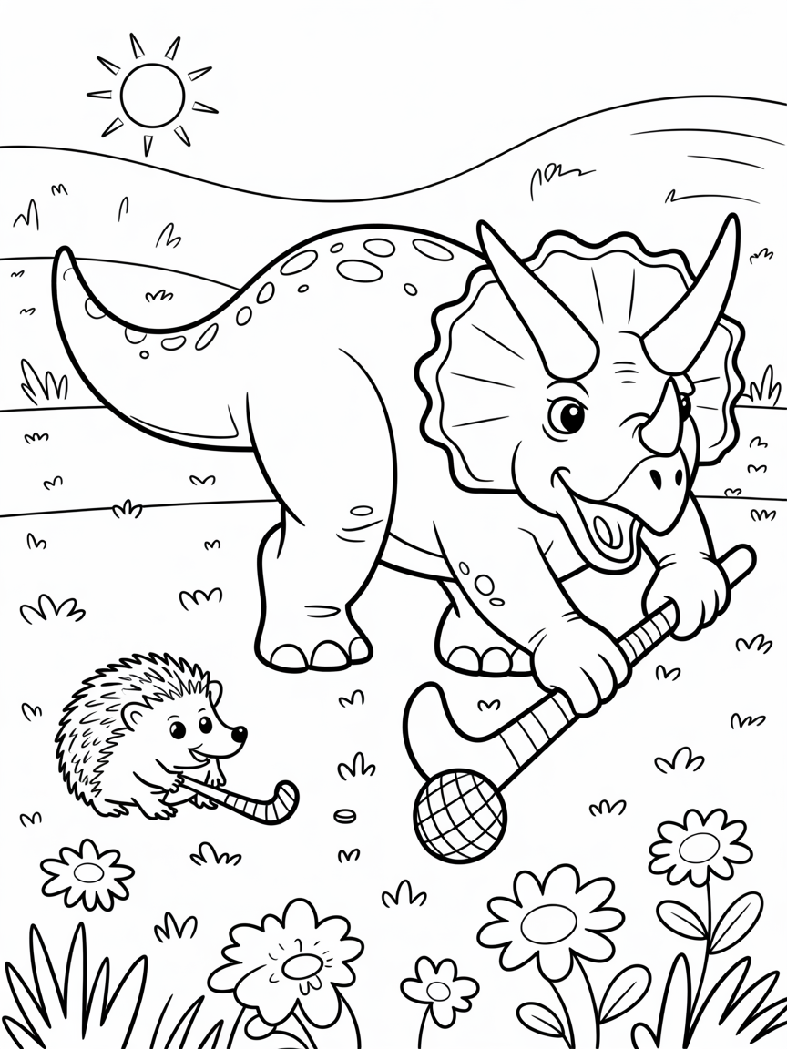 A cute triceratops playing field hockey with a hedgehog - Free Coloring Page