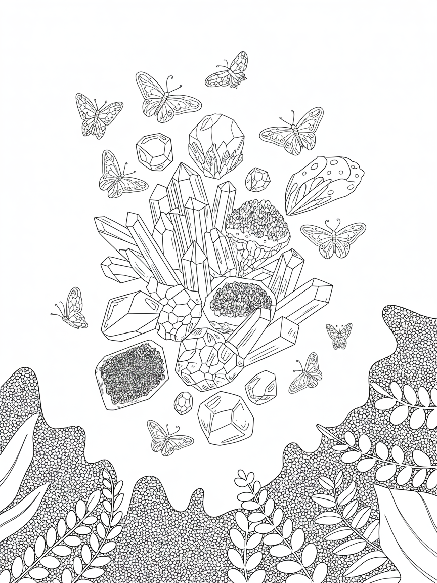 Crystals and butterflies - Free Coloring Page