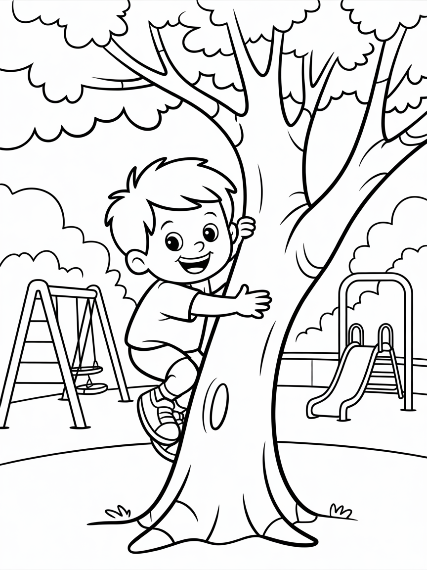 Little boy climbing om a tree in a playground - Free Coloring Page