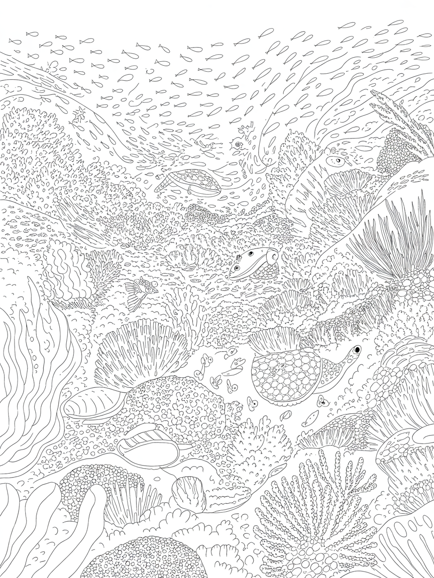 Sea, underwater, turtles, fish, corals, Australian Great Barrier reef, sea urchins, sea life - Free Coloring Page