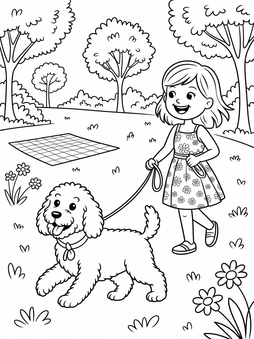 Labradoodle with girl walking - Free Coloring Page