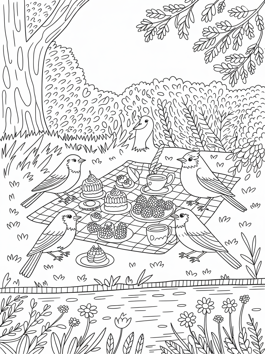 Birds having a picnic - Free Coloring Page
