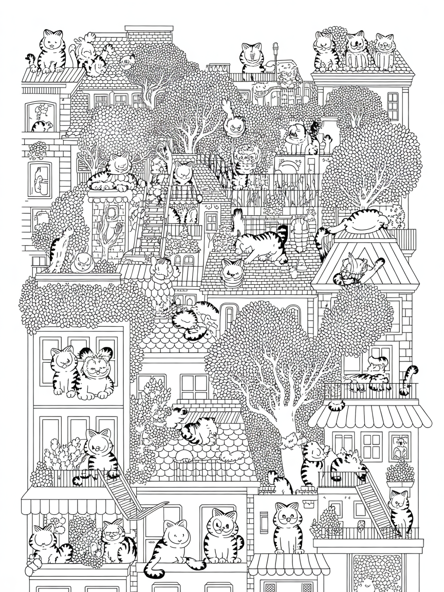 100 Garfield cats hiding amongst a busy day in the city - Free Coloring Page