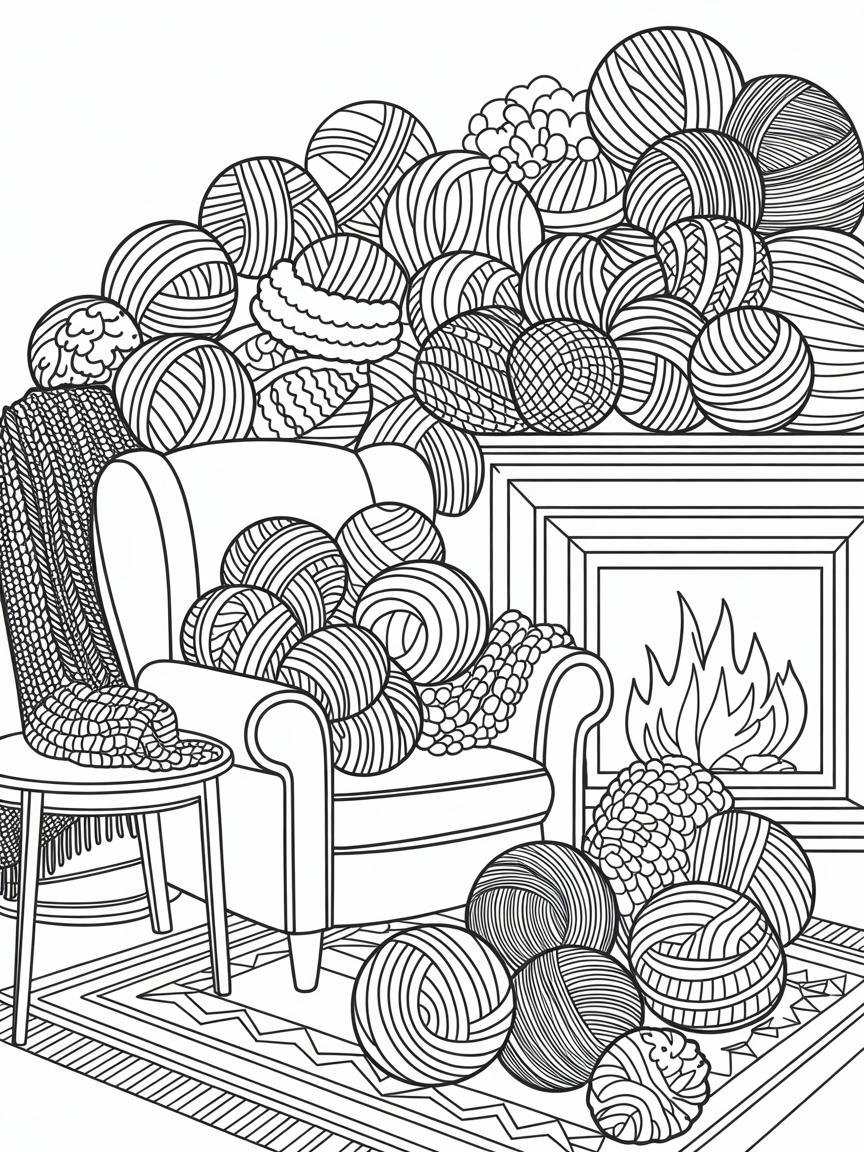 piles of yarn balls in a cozy living room - Free Coloring Page