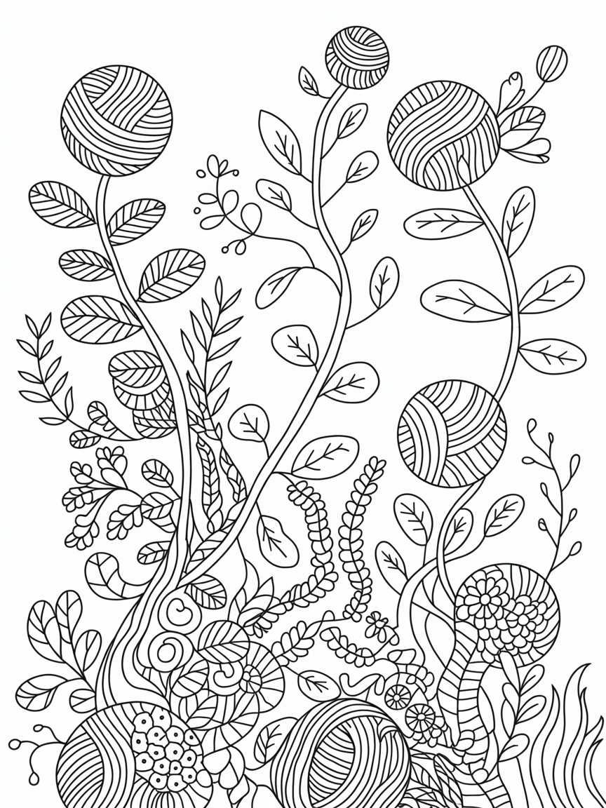 Yarn balls growing from plants in a garden - Free Coloring Page