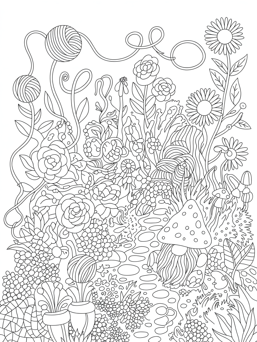 Yarn growing from plants in a garden - Free Coloring Page