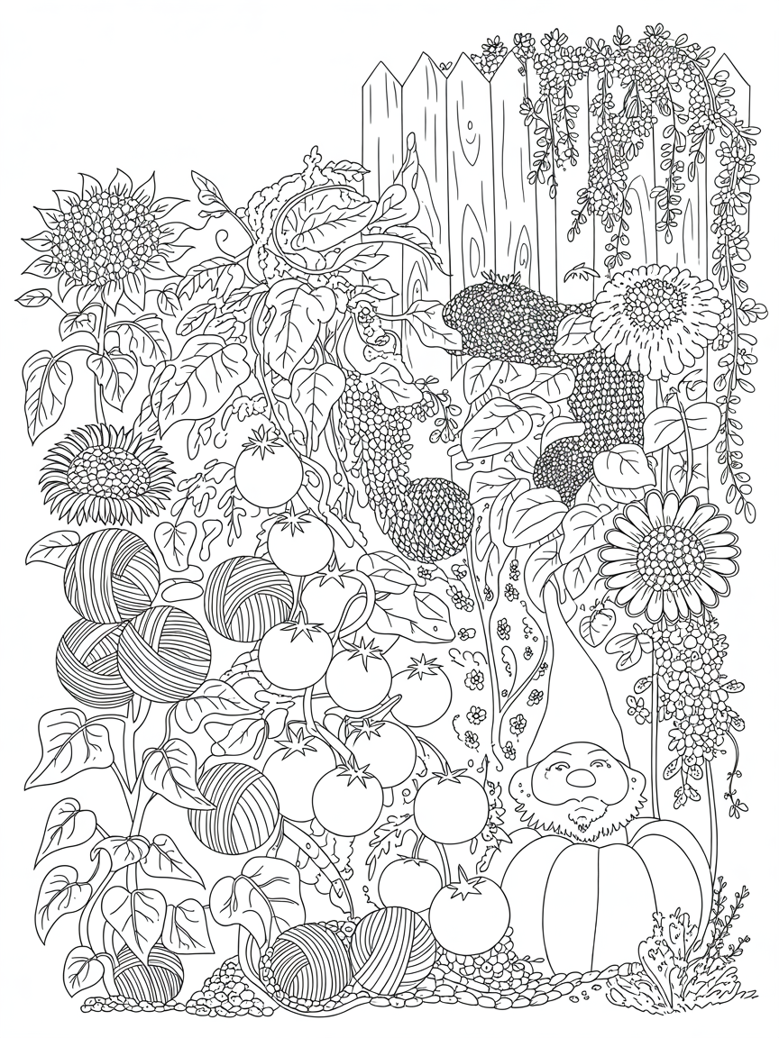 Balls of yarn growing from plants in a vegetable garden - Free Coloring Page