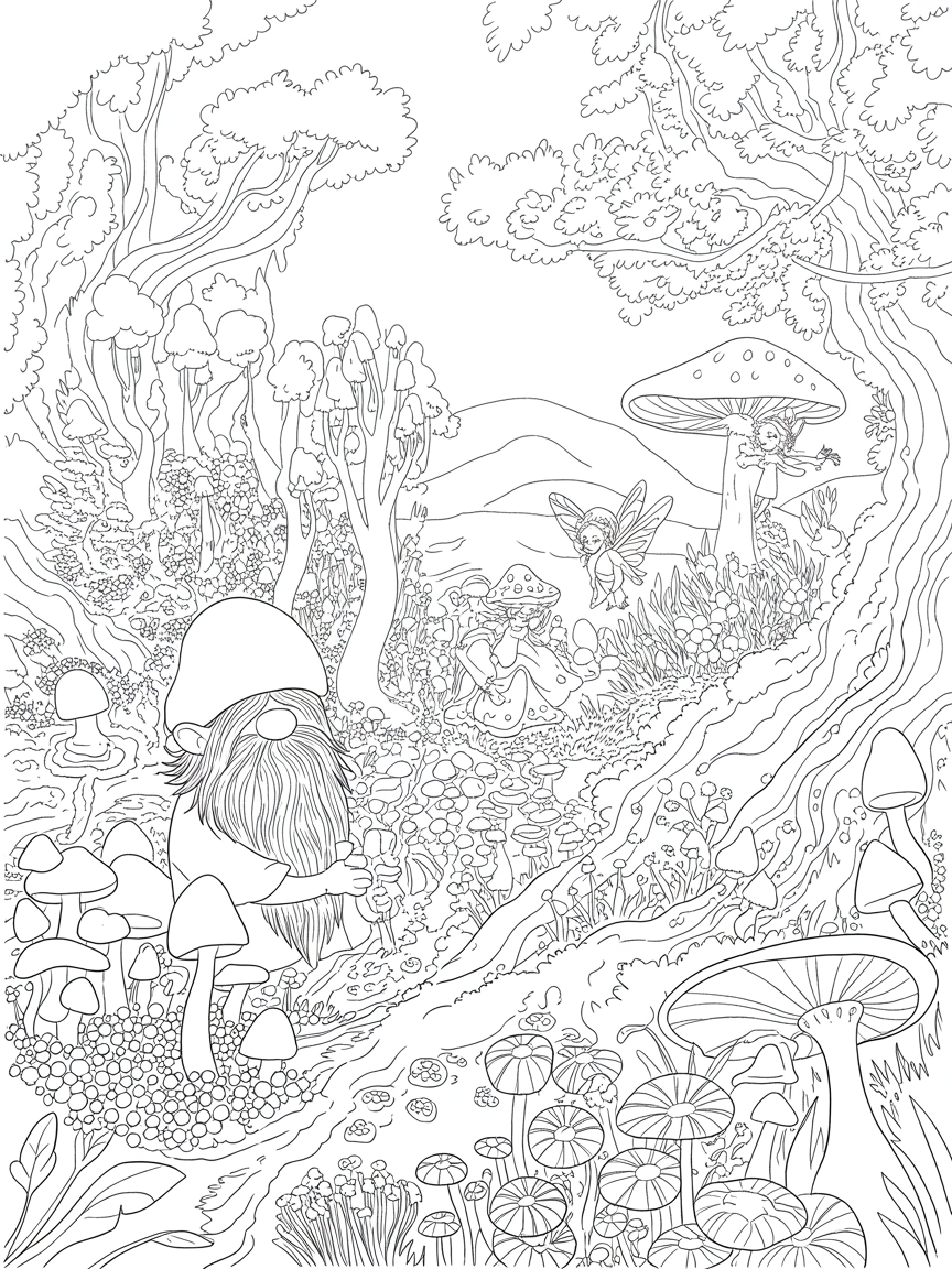 Enchanted forest of gnomes fairies and mushrooms - Free Coloring Page