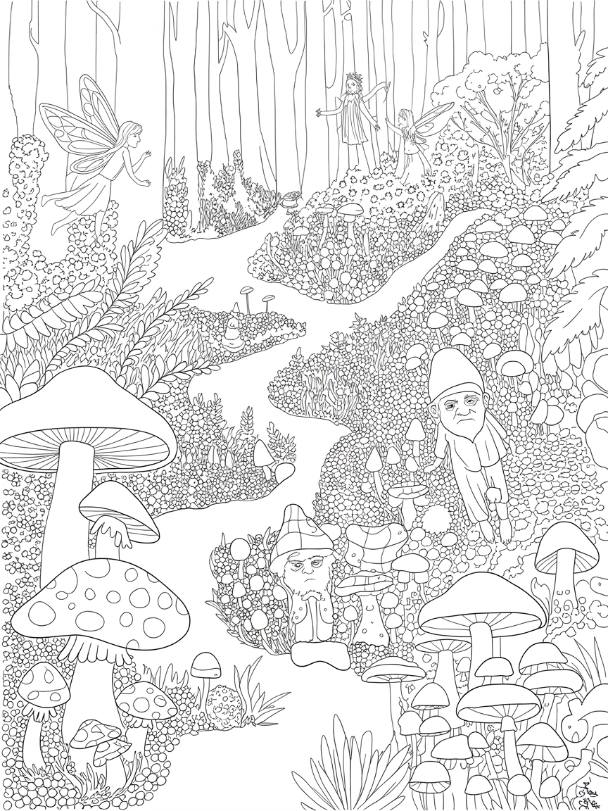 Forest with fairies, gnomes, mushrooms - Free Coloring Page