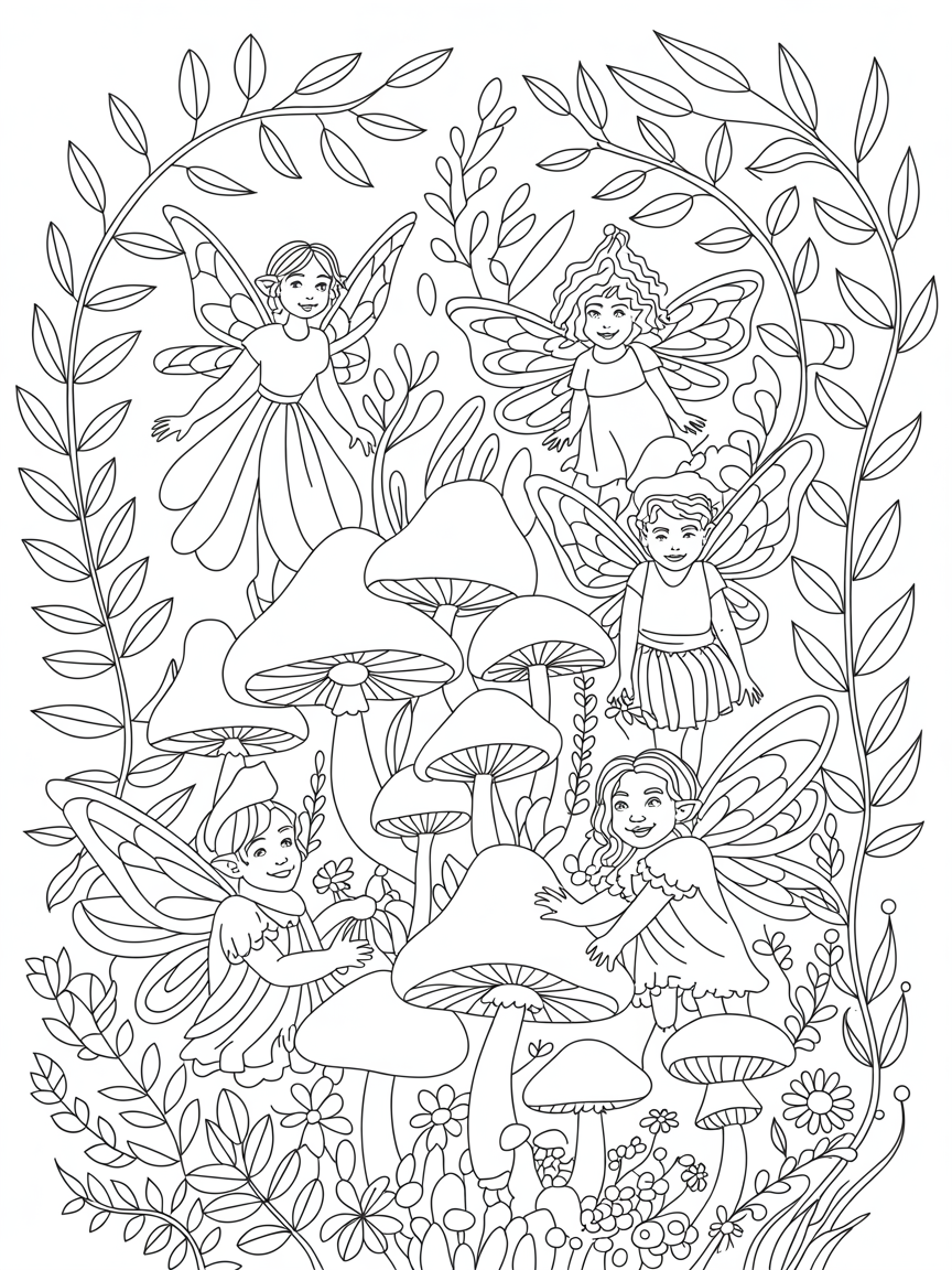 Forest fairies gnomes mushrooms - Free Coloring Page