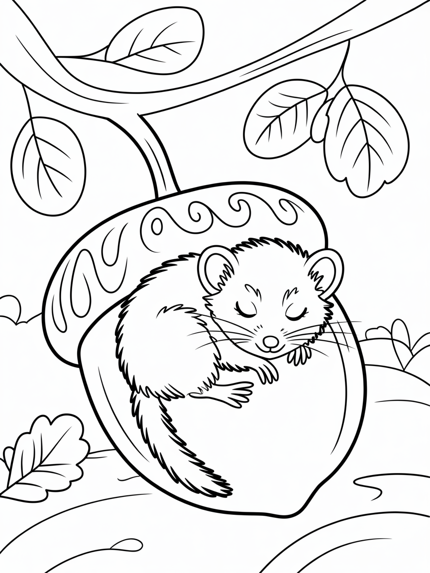 A Hazel dormouse sleeping in a nut - Free Coloring Page