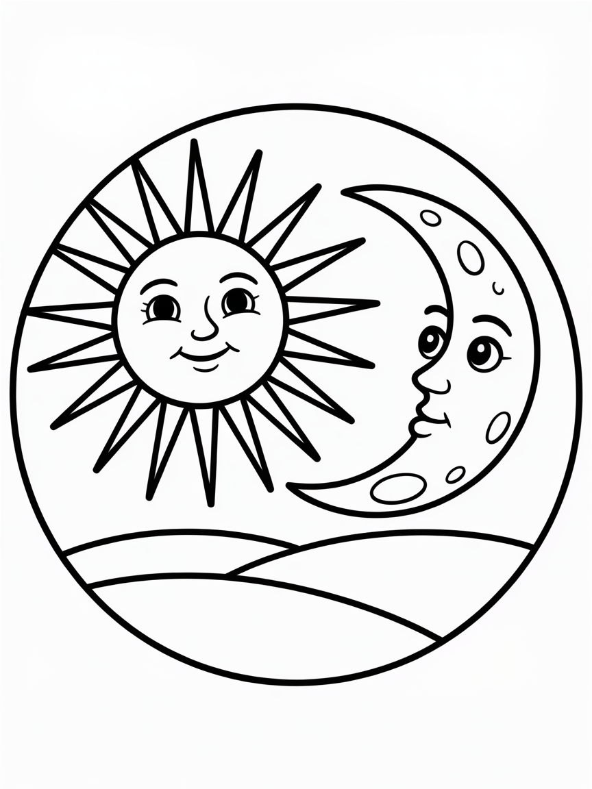 A drawing with half a moon half a sun with their landscapes in a circle side by side - Free Coloring Page