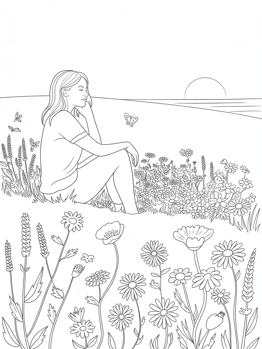 A woman sitting on a hill on peaceful contemplation. The setting sun lights up her blissful face in golden light She is surrounded by wild flowers. - Free Coloring Page